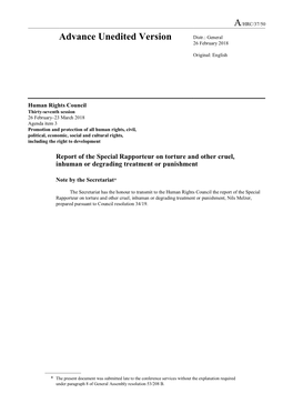Report of the Special Rapporteur on Torture and Other Cruel, Inhuman Or Degrading Treatment Or Punishment