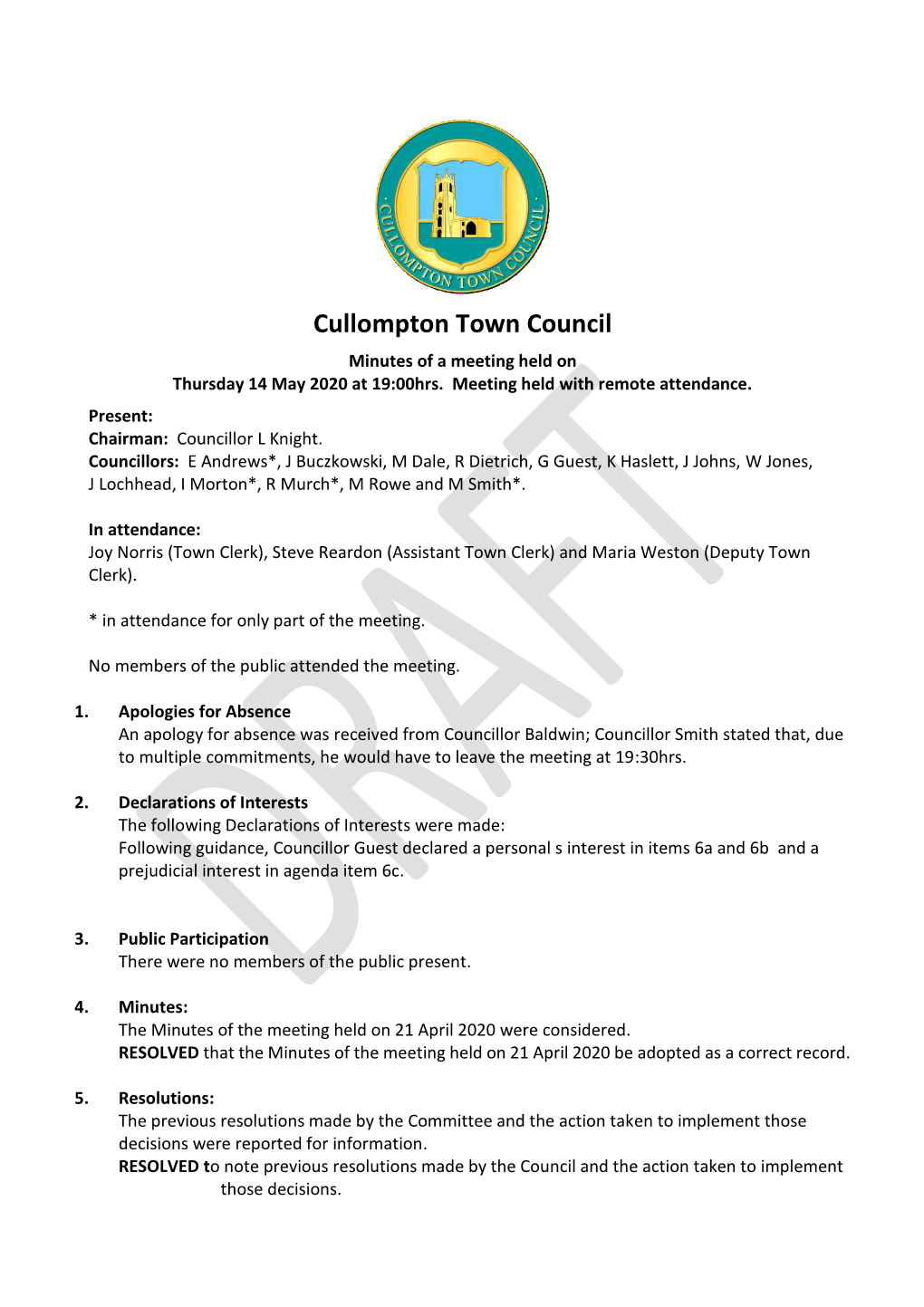 Cullompton Town Council Minutes of a Meeting Held on Thursday 14 May 2020 at 19:00Hrs