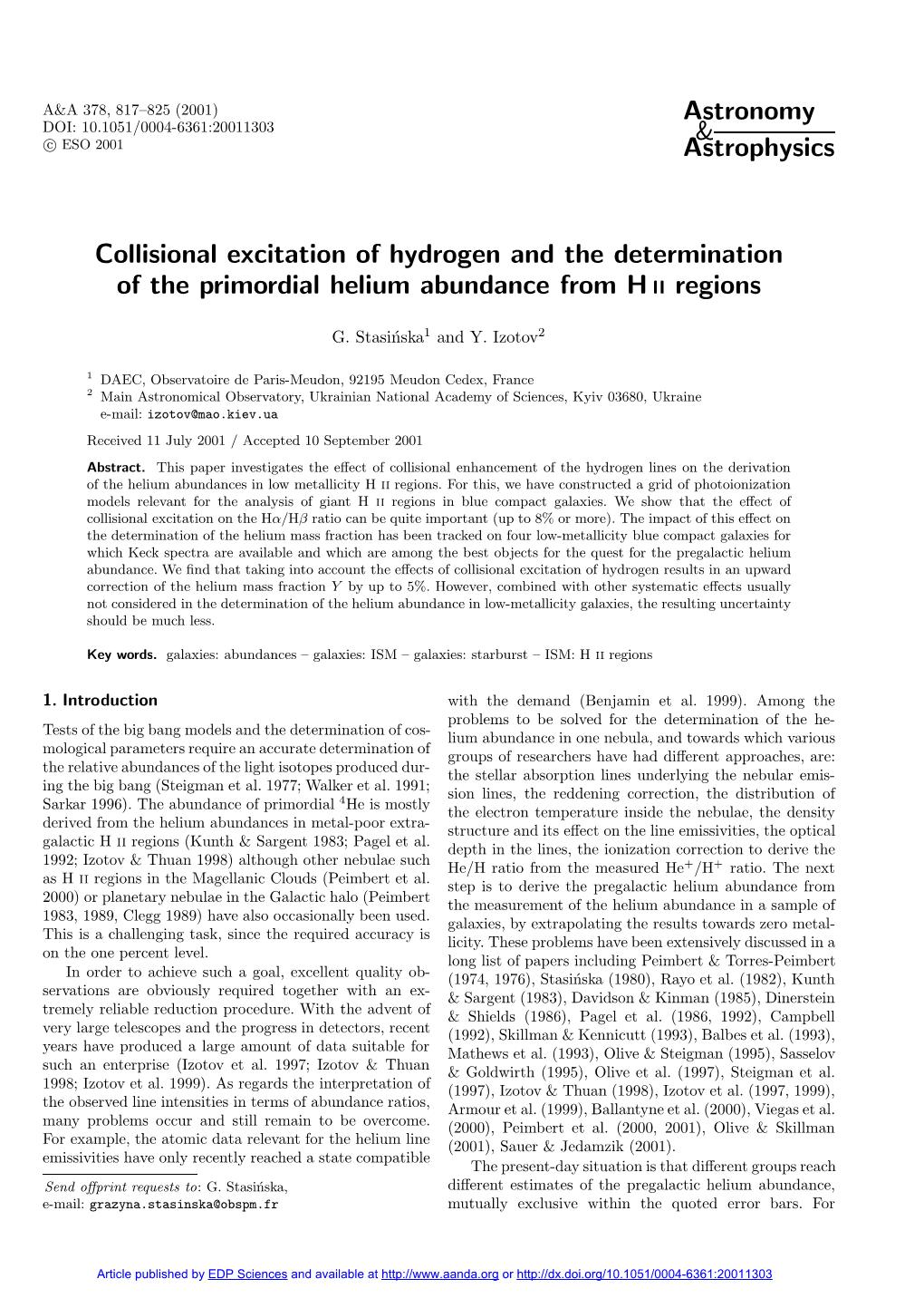 Collisional Excitation of Hydrogen and the Determination of the Primordial Helium Abundance from H II Regions