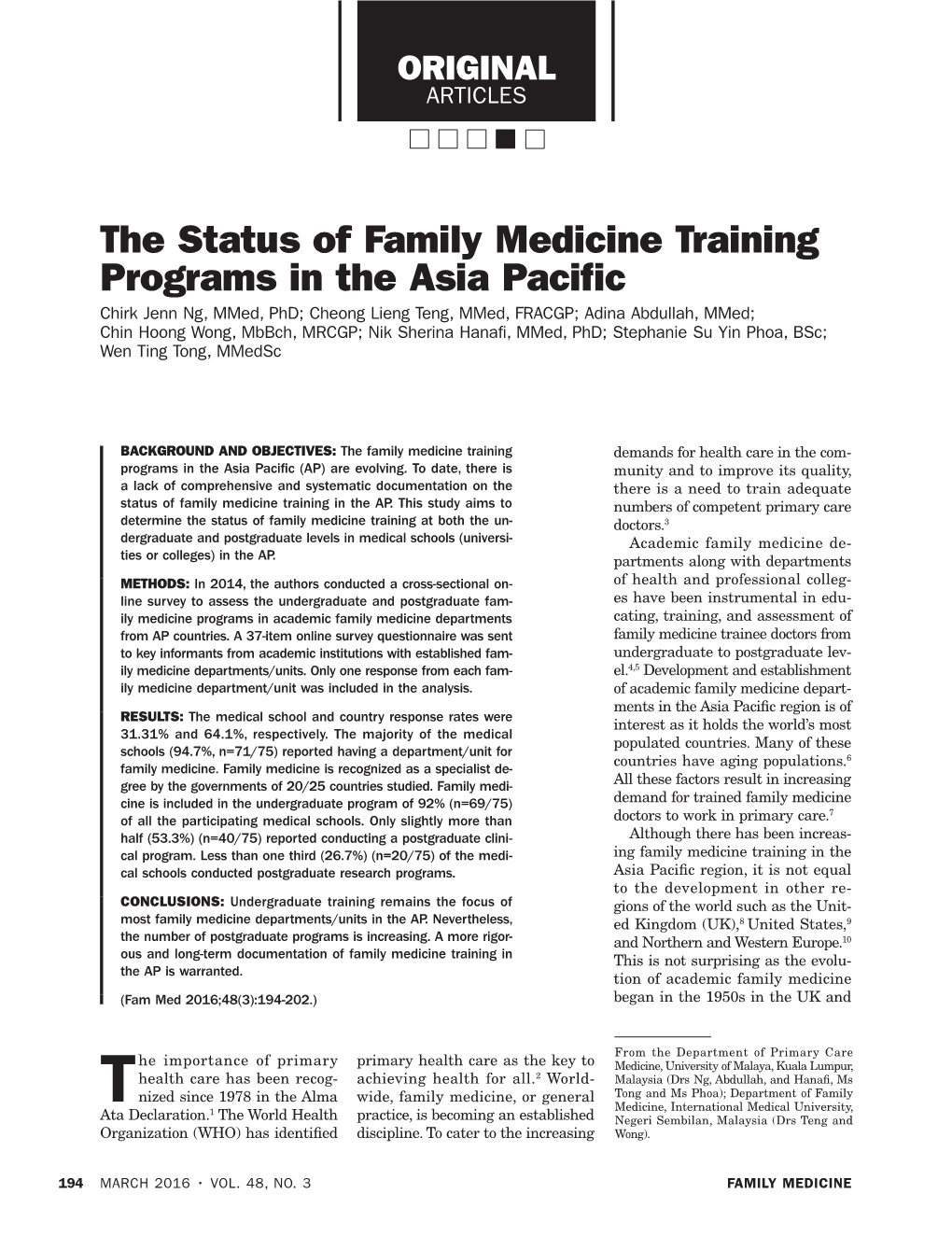 The Status of Family Medicine Training Programs in the Asia Pacific