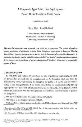 A Knapsack Type Public Key Ctyptosystern Based on Arithmetic in Finite Fields