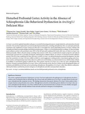 Disturbed Prefrontal Cortex Activity in the Absence of Schizophrenia-Like Behavioral Dysfunction in Arc/Arg3.1 Deficient Mice