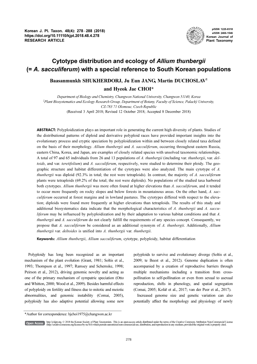 Cytotype Distribution and Ecology of Allium Thunbergii (= A