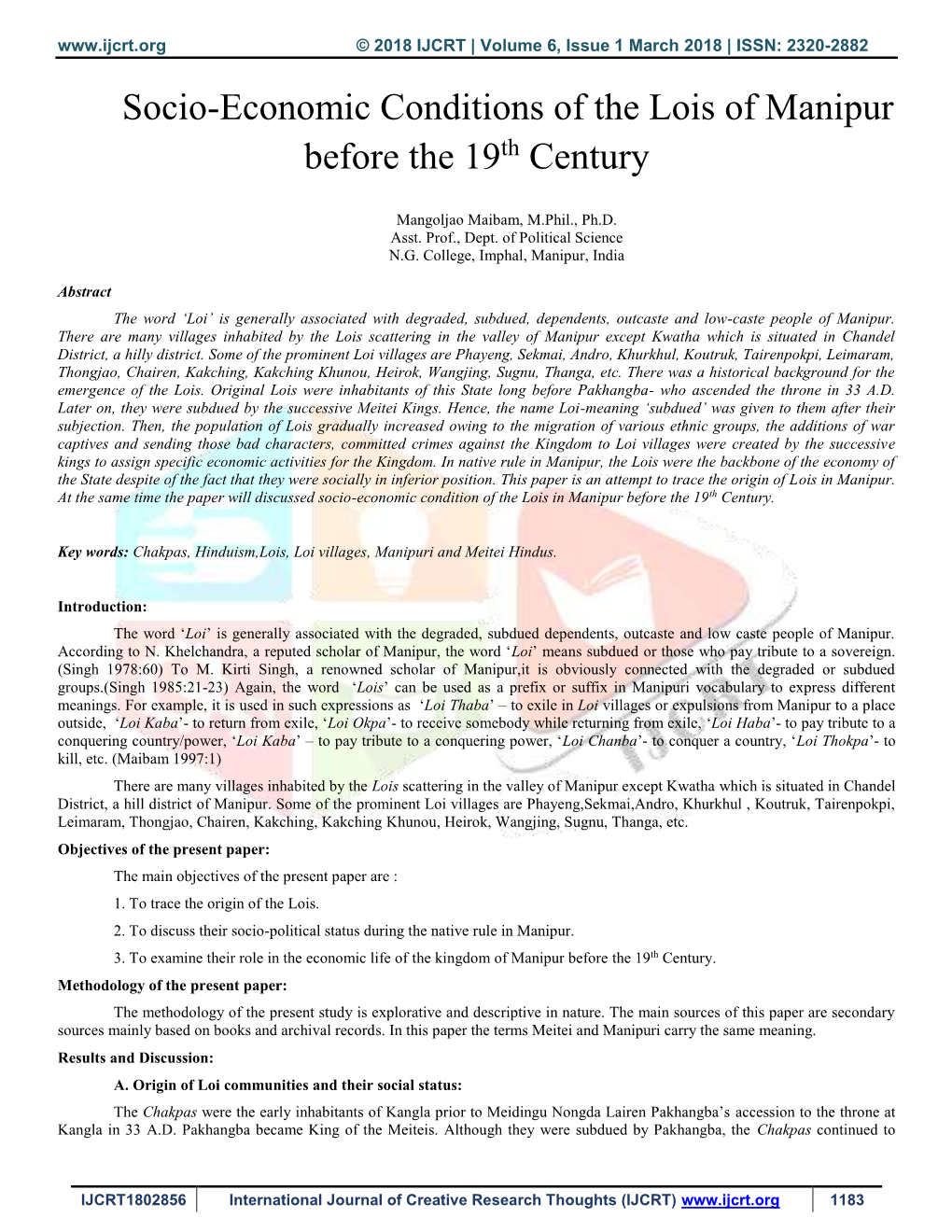 Socio-Economic Conditions of the Lois of Manipur Before the 19 Century