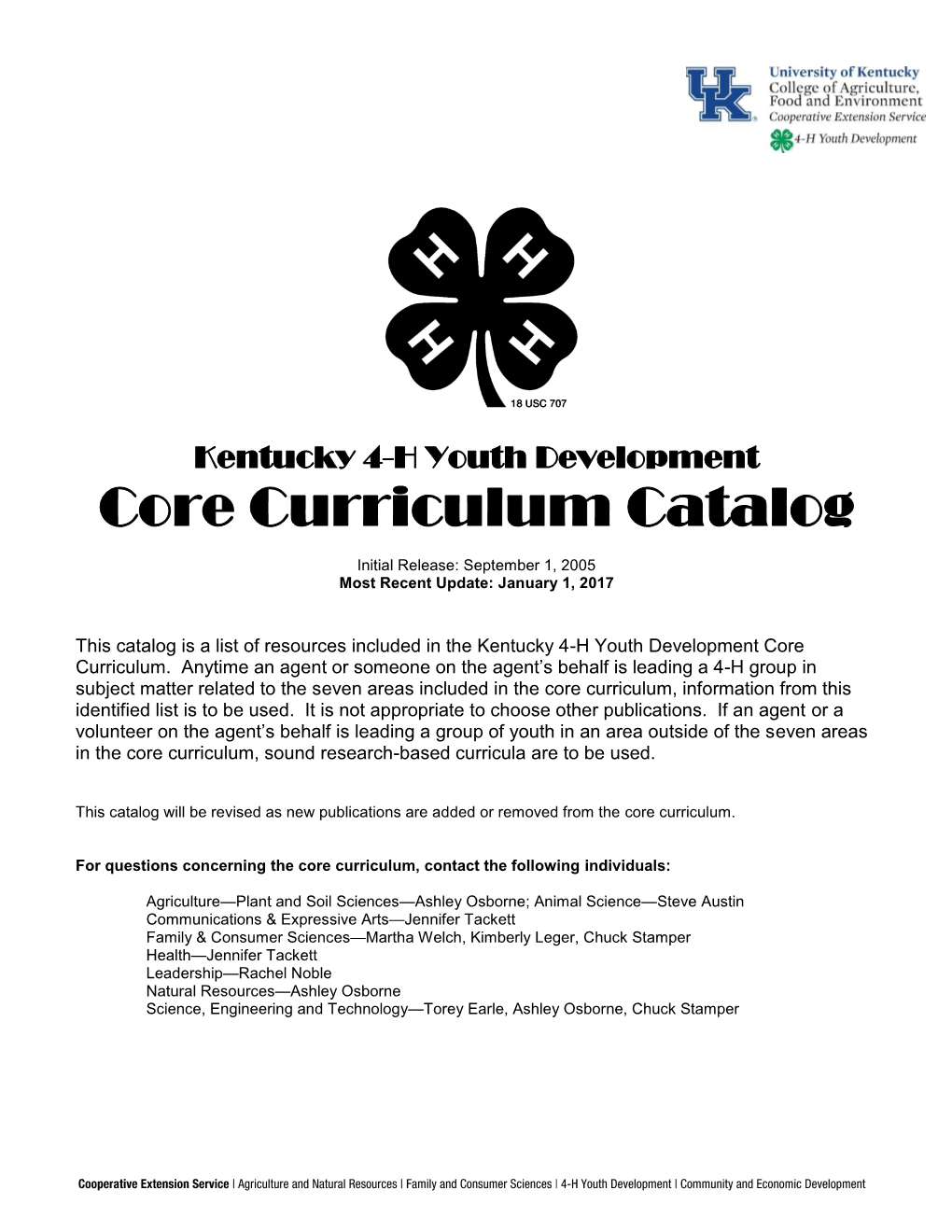 Kentucky 4-H Youth Development Core Curriculum Catalog