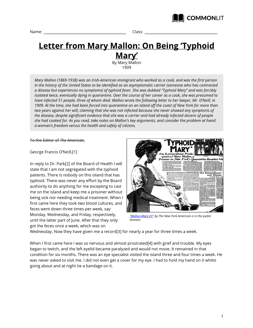 Commonlit | Letter from Mary Mallon: on Being 'Typhoid Mary'