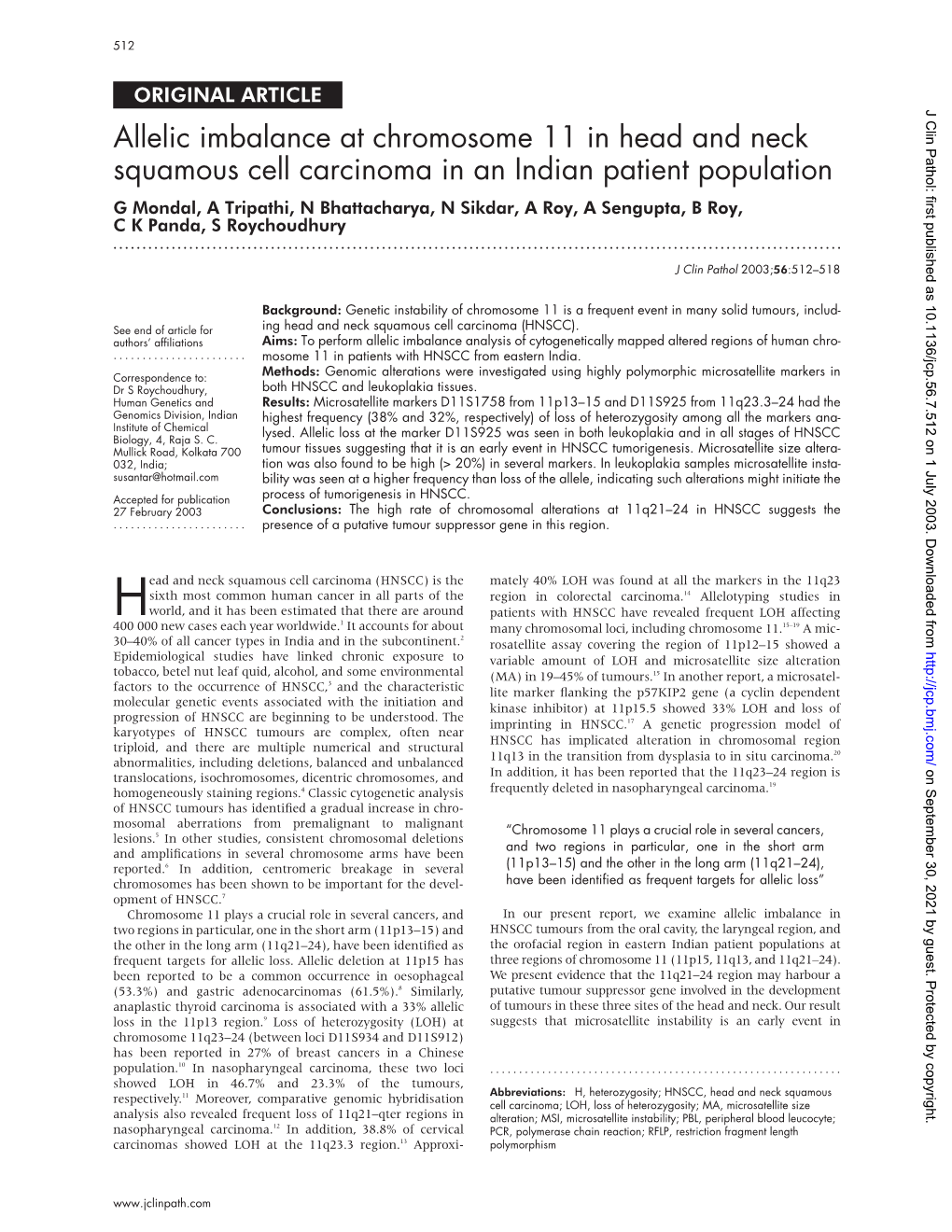 Allelic Imbalance at Chromosome 11 in Head and Neck Squamous Cell Carcinoma in an Indian Patient Population