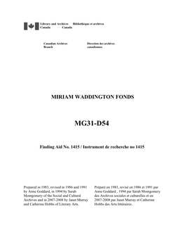 Miriam Waddington Fonds MG31-D54 Container File File Title Date