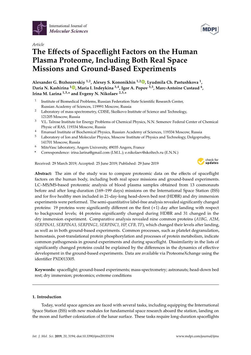 The Effects of Spaceflight Factors on the Human Plasma Proteome