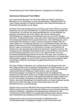 Pressemitteilung Der Freien Wähler Remseck, Ludwigsburg Und Waiblingen