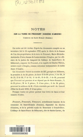 Notes Sur La Terre De Frocourt, Diocese D'amiens, Commune De Saint
