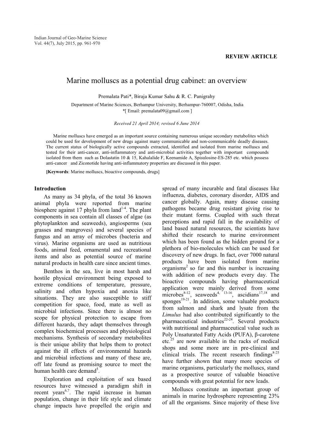 Marine Molluscs As a Potential Drug Cabinet: an Overview