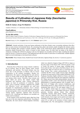 Results of Cultivation of Japanese Kelp (Saccharina Japonica ) in Primorsky Krai, Russia