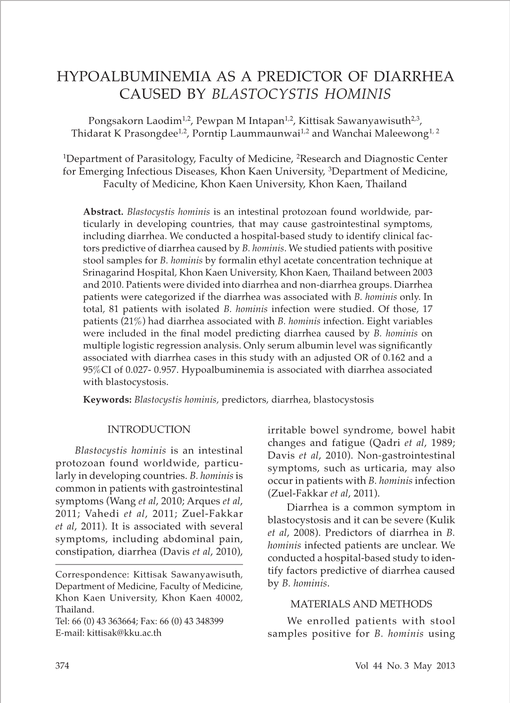 Hypoalbuminemia As a Predictor of Diarrhea Caused by Blastocystis Hominis