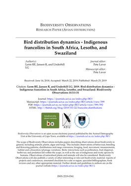 Bird Distribution Dynamics - Indigenous Francolins in South Africa, Lesotho, and Swaziland