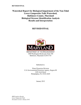 Lower Gunpowder Falls Watershed, Baltimore County, Maryland Biological Stressor Identification Analysis Results and Interpretation