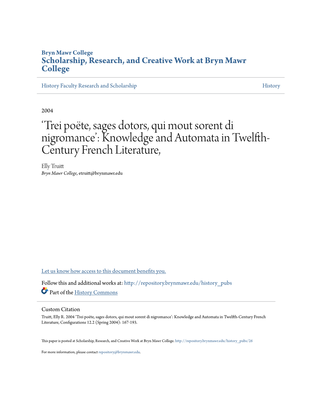 Knowledge and Automata in Twelfth-Century French Literature, Configurations 12.2 (Spring 2004): 167-193