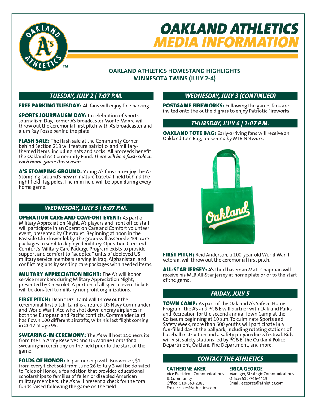 07-01-2019 A's to Host Military Appreciation Night, Patriotic