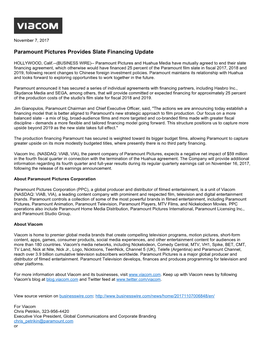 Paramount Pictures Provides Slate Financing Update