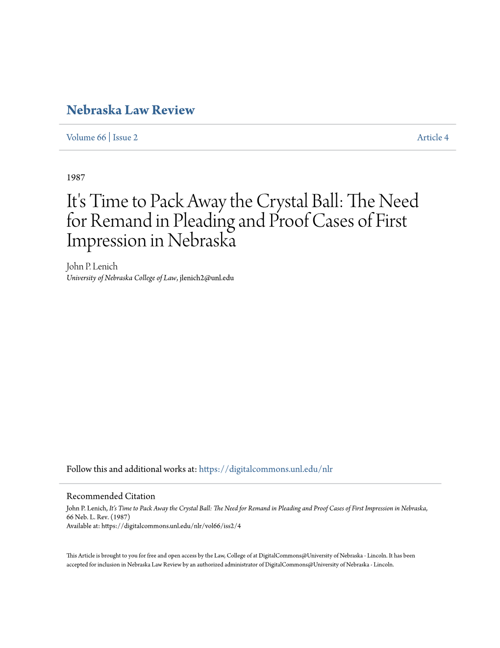 The Need for Remand in Pleading and Proof Cases of First Impression in Nebraska, 66 Neb