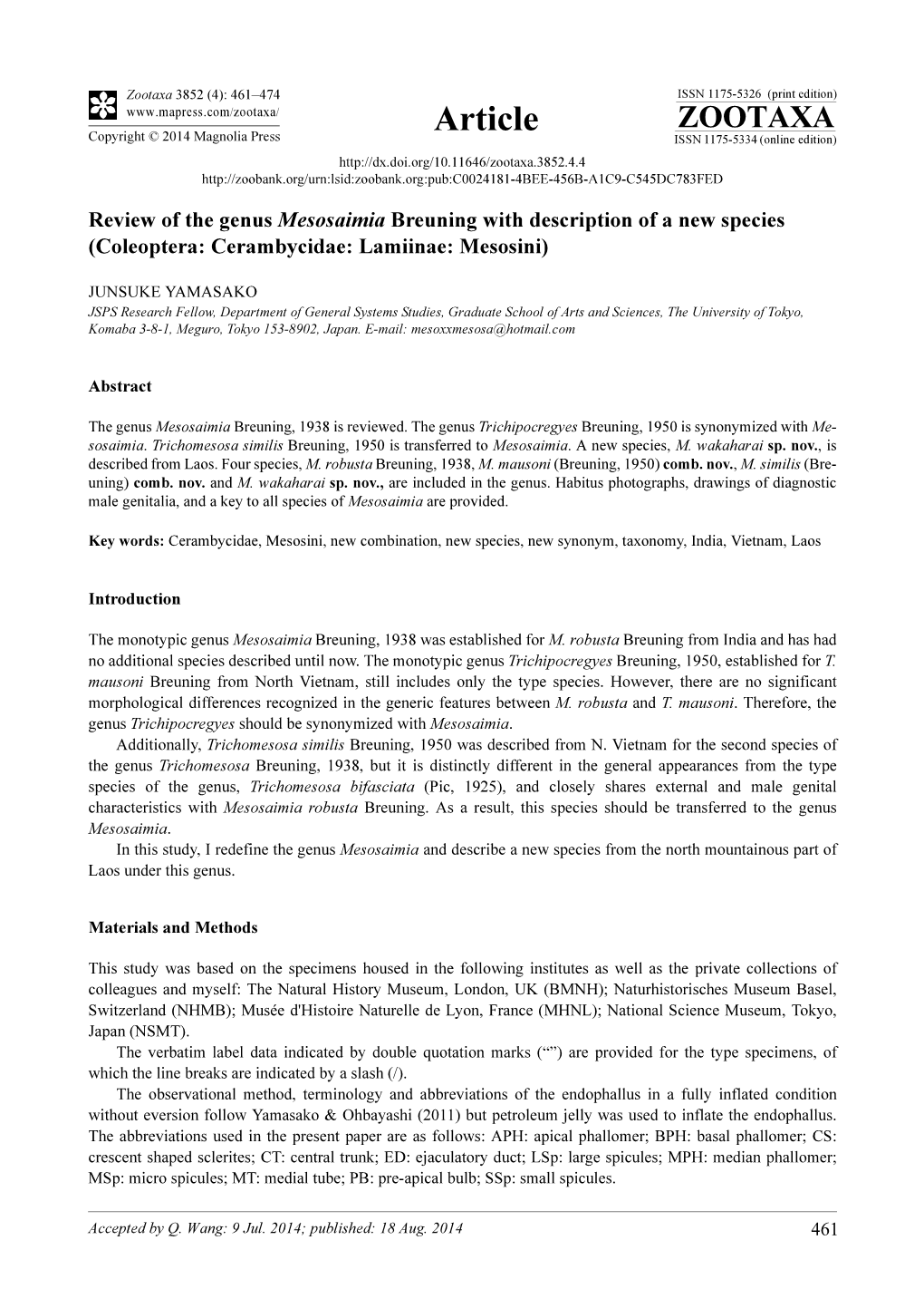 Review of the Genus Mesosaimia Breuning with Description of a New Species (Coleoptera: Cerambycidae: Lamiinae: Mesosini)