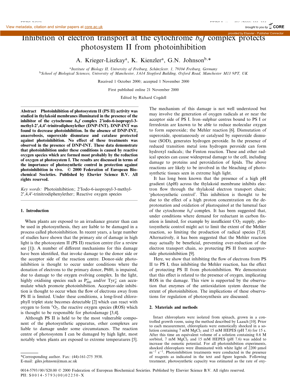 Inhibition of Electron Transport at the Cytochrome B6f Complex Protects Photosystem II from Photoinhibition