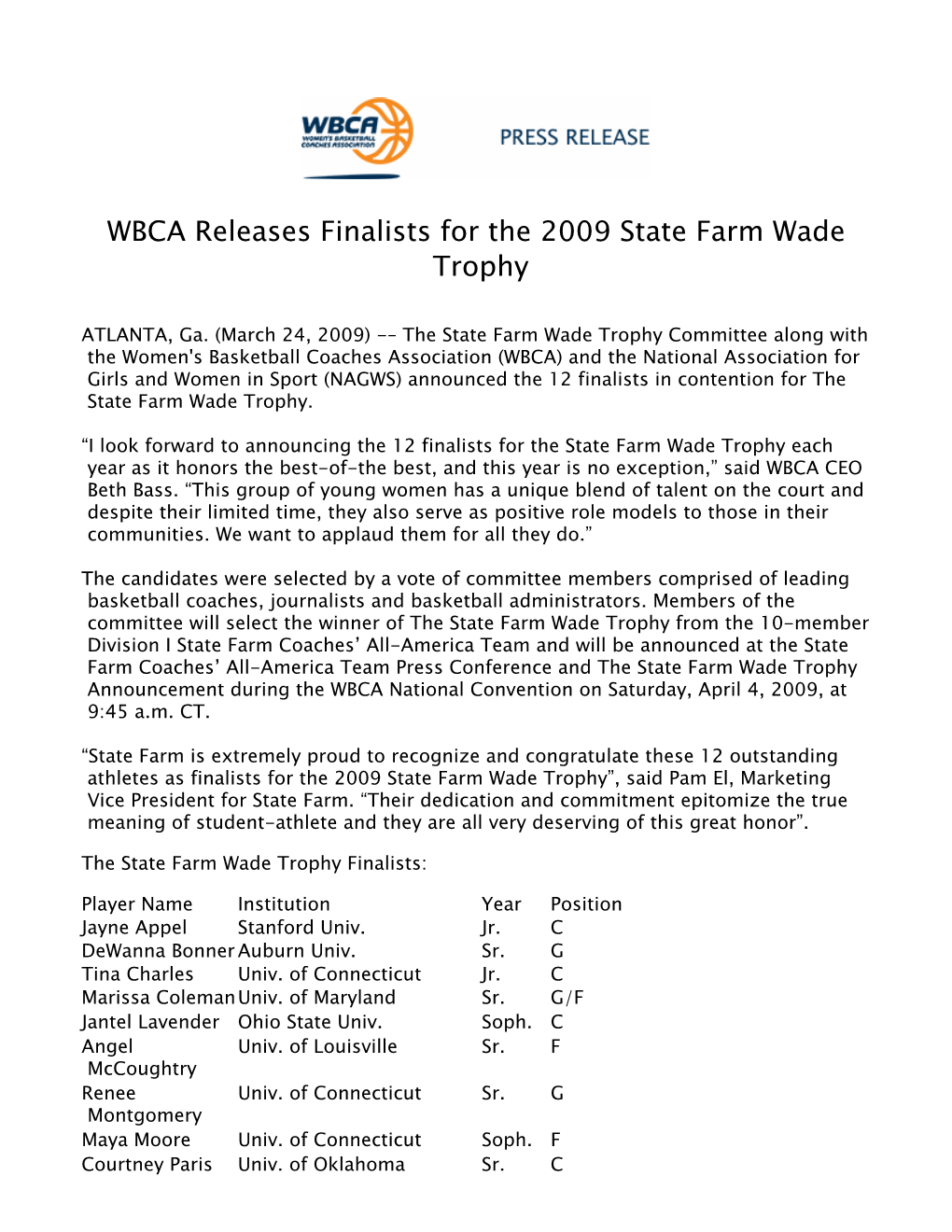 WBCA Releases Finalists for the 2009 State Farm Wade Trophy 2008-09