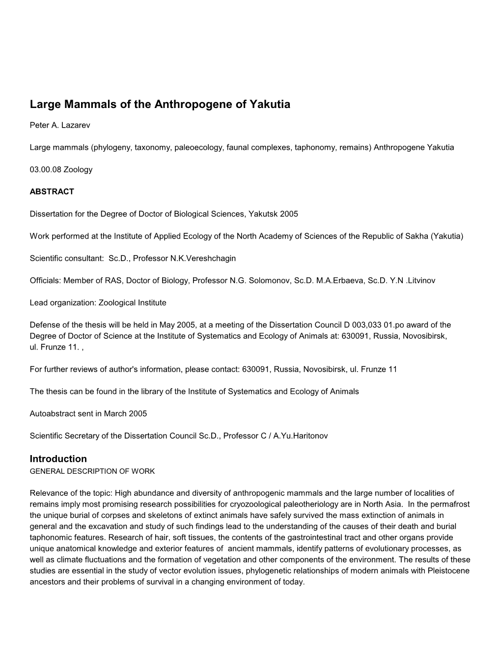 Large Mammals of the Anthropogene of Yakutia