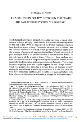 Trade-Union Policy Between the Wars the Case of Holidays with Pay in Britain*