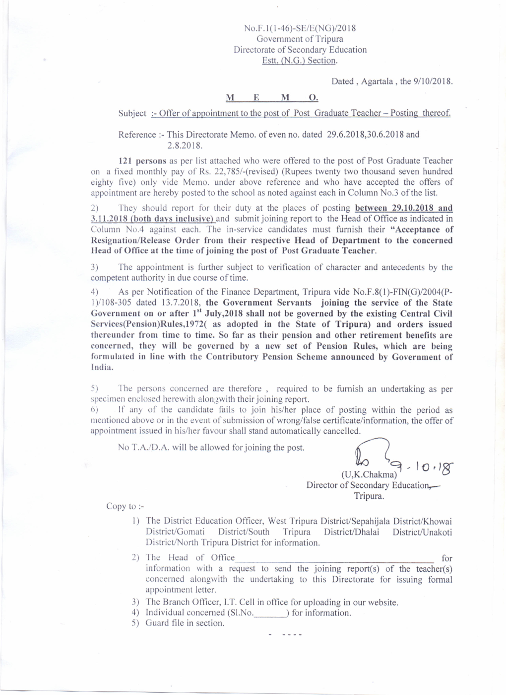 Offer of Appointment to the Post of PGT-Posting Thereof