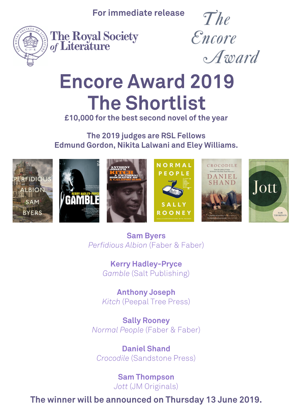 Encore Award 2019 the Shortlist £10,000 for the Best Second Novel of the Year