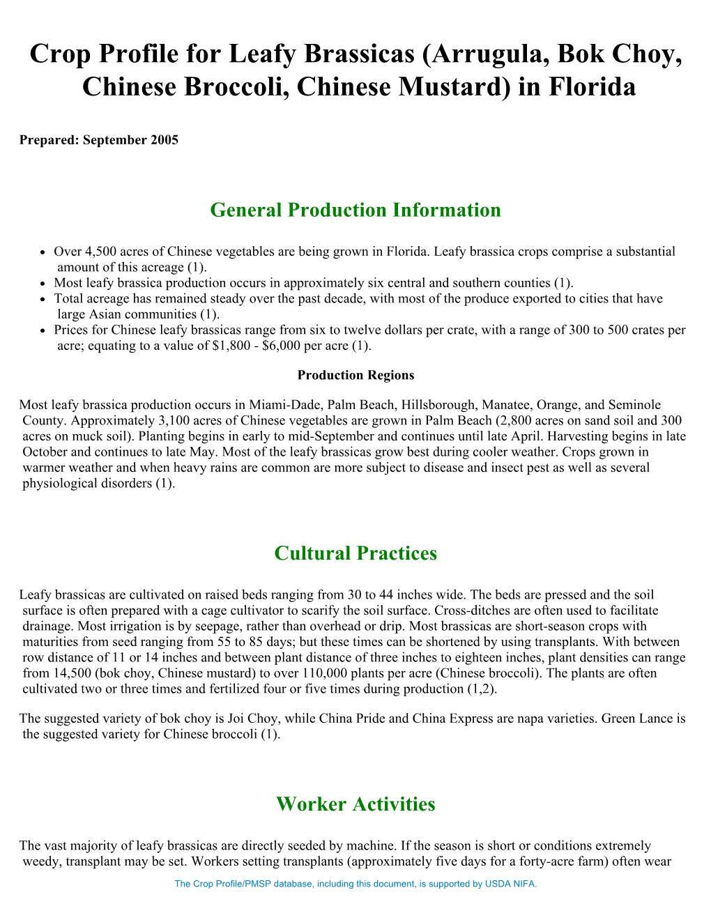 Crop Profile for Leafy Brassicas (Arrugula, Bok Choy, Chinese Broccoli, Chinese Mustard) in Florida