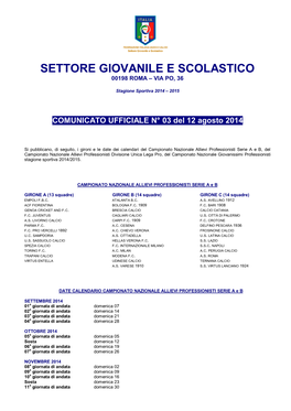 Settore Giovanile E Scolastico 00198 Roma – Via Po, 36