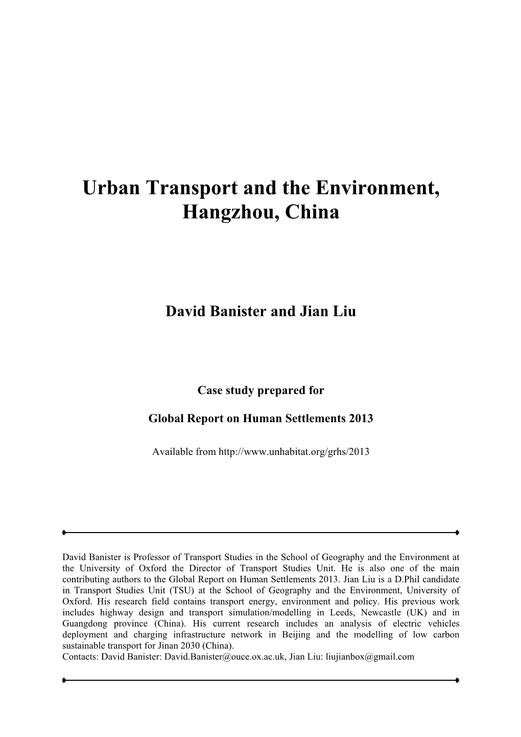 Urban Transport and the Environment, Hangzhou, China