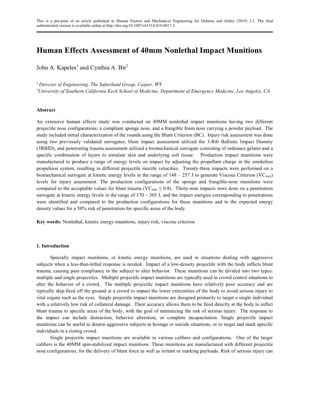 Human Effects Assessment of 40Mm Nonlethal Impact Munitions