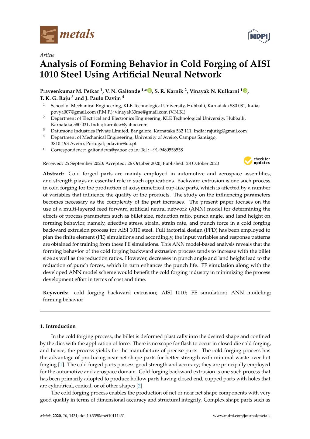 Analysis of Forming Behavior in Cold Forging of AISI 1010 Steel Using Artiﬁcial Neural Network
