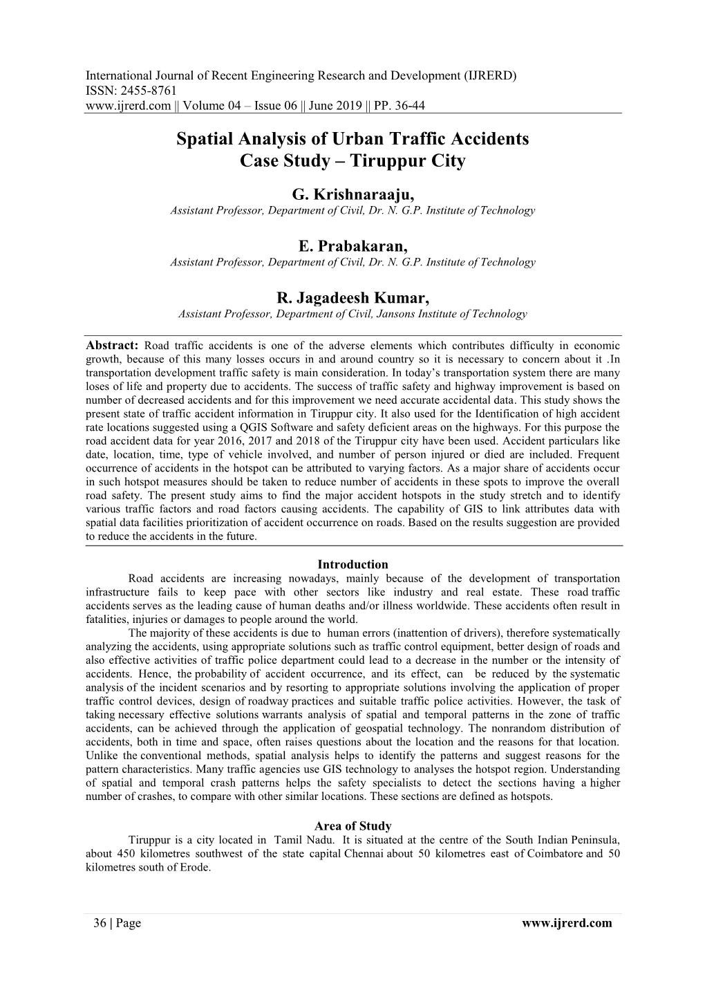 Spatial Analysis of Urban Traffic Accidents Case Study – Tiruppur City