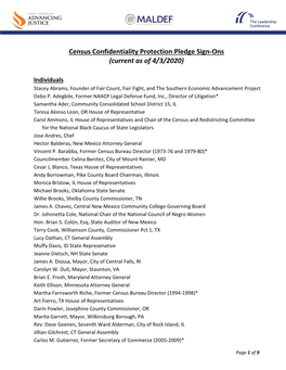 Census Confidentiality Protection Pledge Sign-Ons (Current As of 4/3/2020)