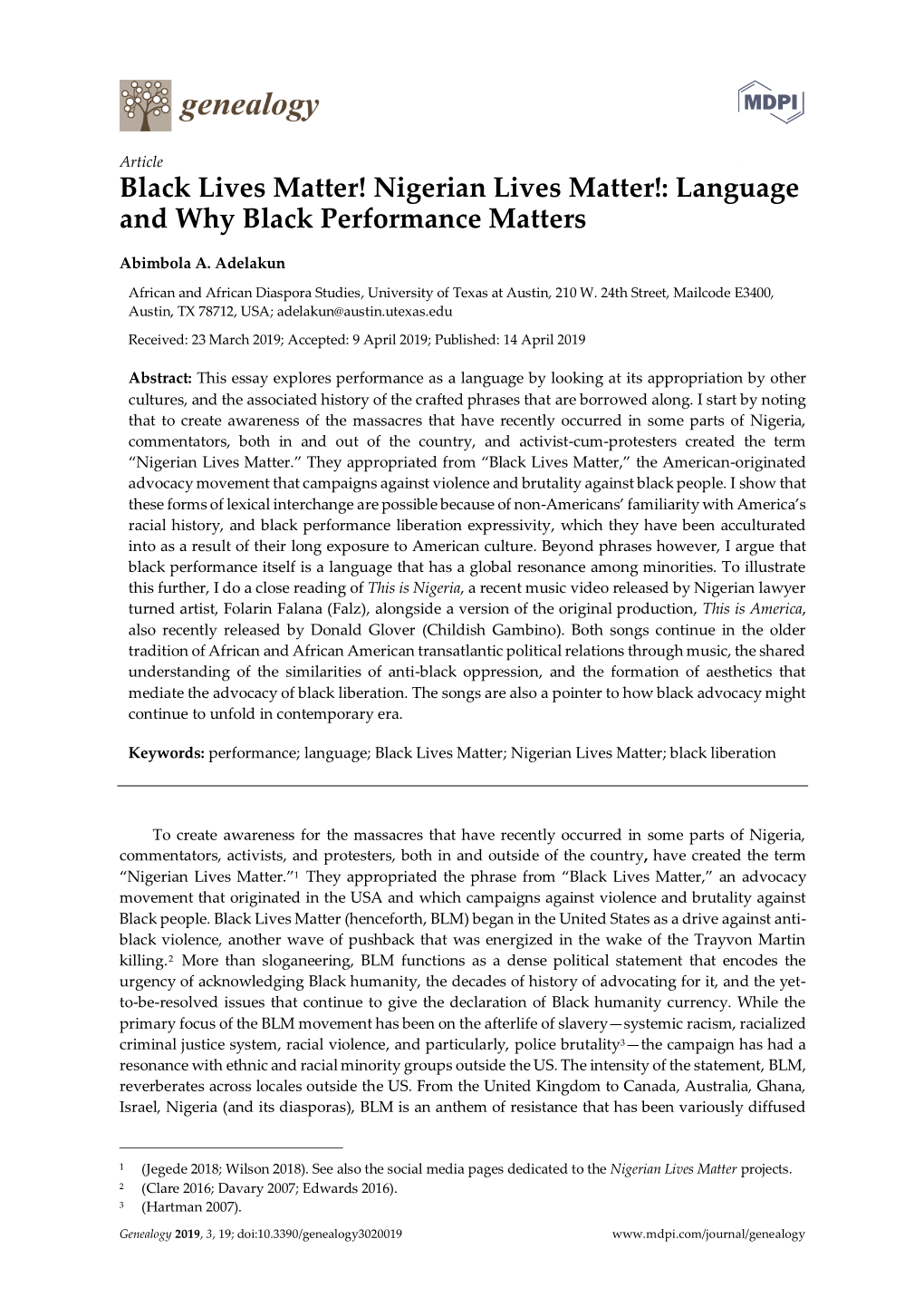 Nigerian Lives Matter!: Language and Why Black Performance Matters