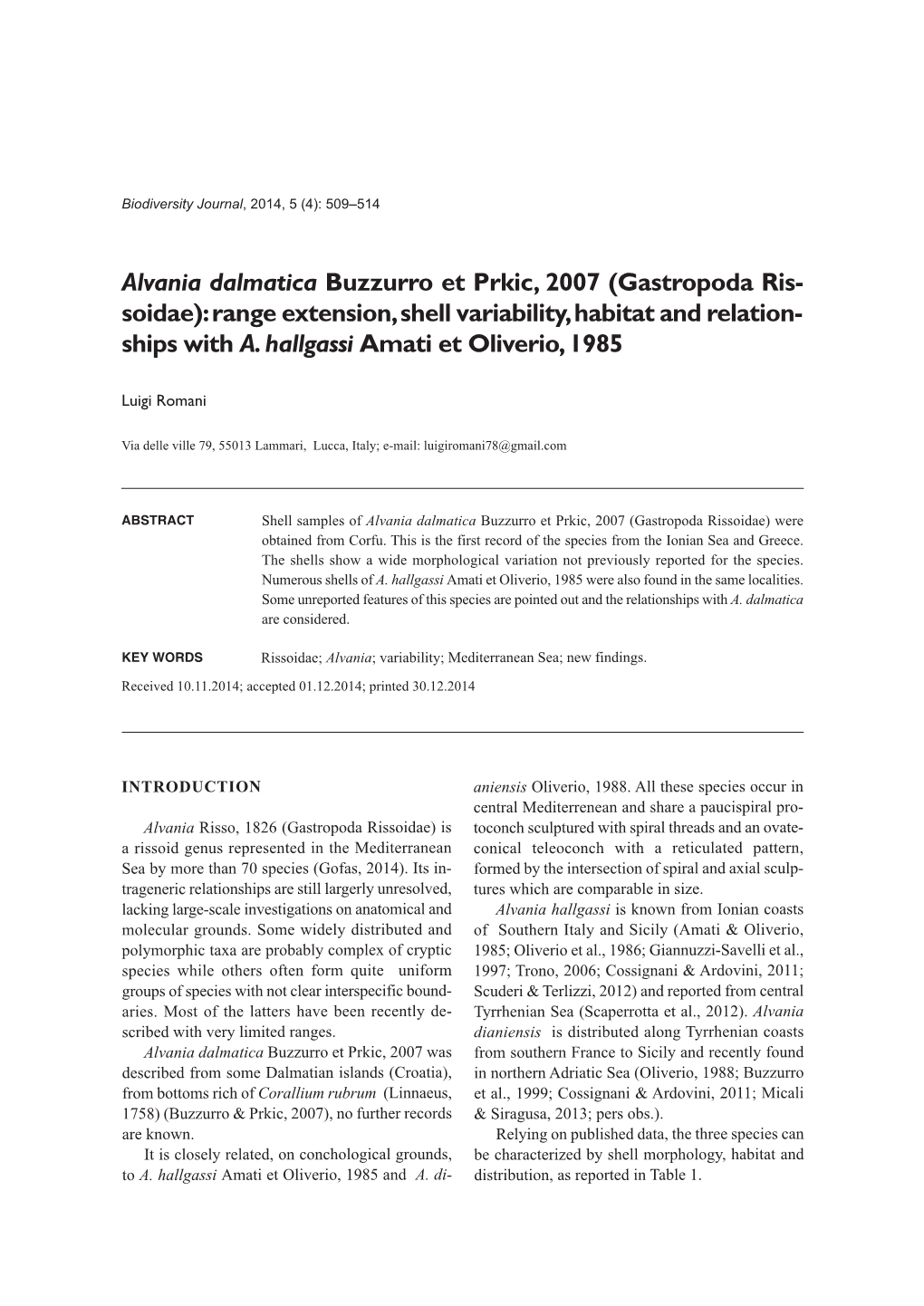 Alvania Dalmatica Buzzurro Et Prkic, 2007 (Gastropoda Ris- Soidae): Range Extension, Shell Variability, Habitat and Relation - Ships with A