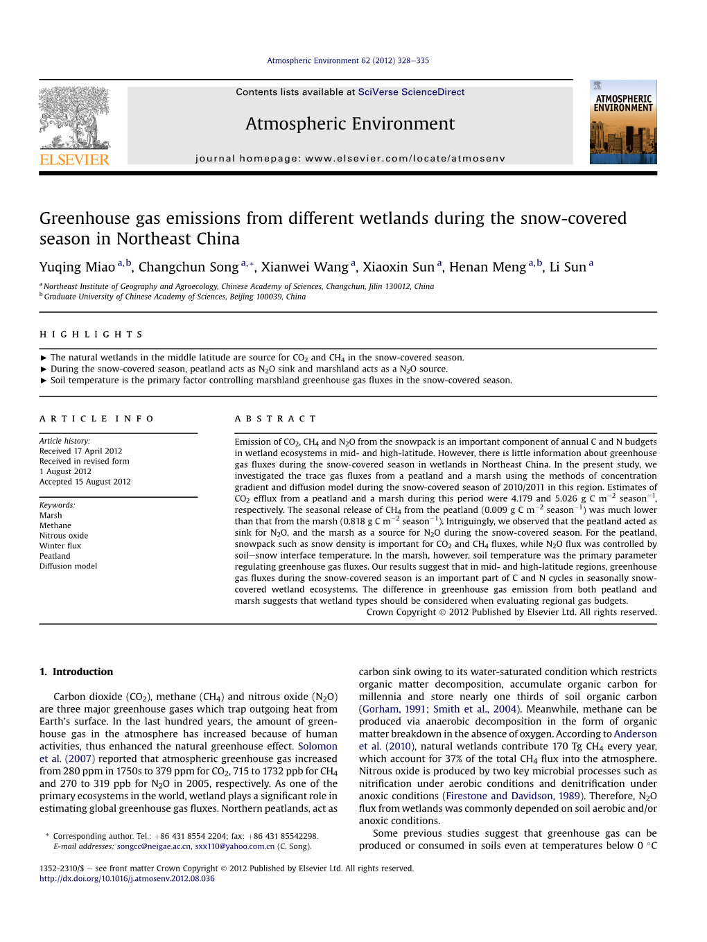 Greenhouse Gas Emissions from Different Wetlands During the Snow-Covered Season in Northeast China