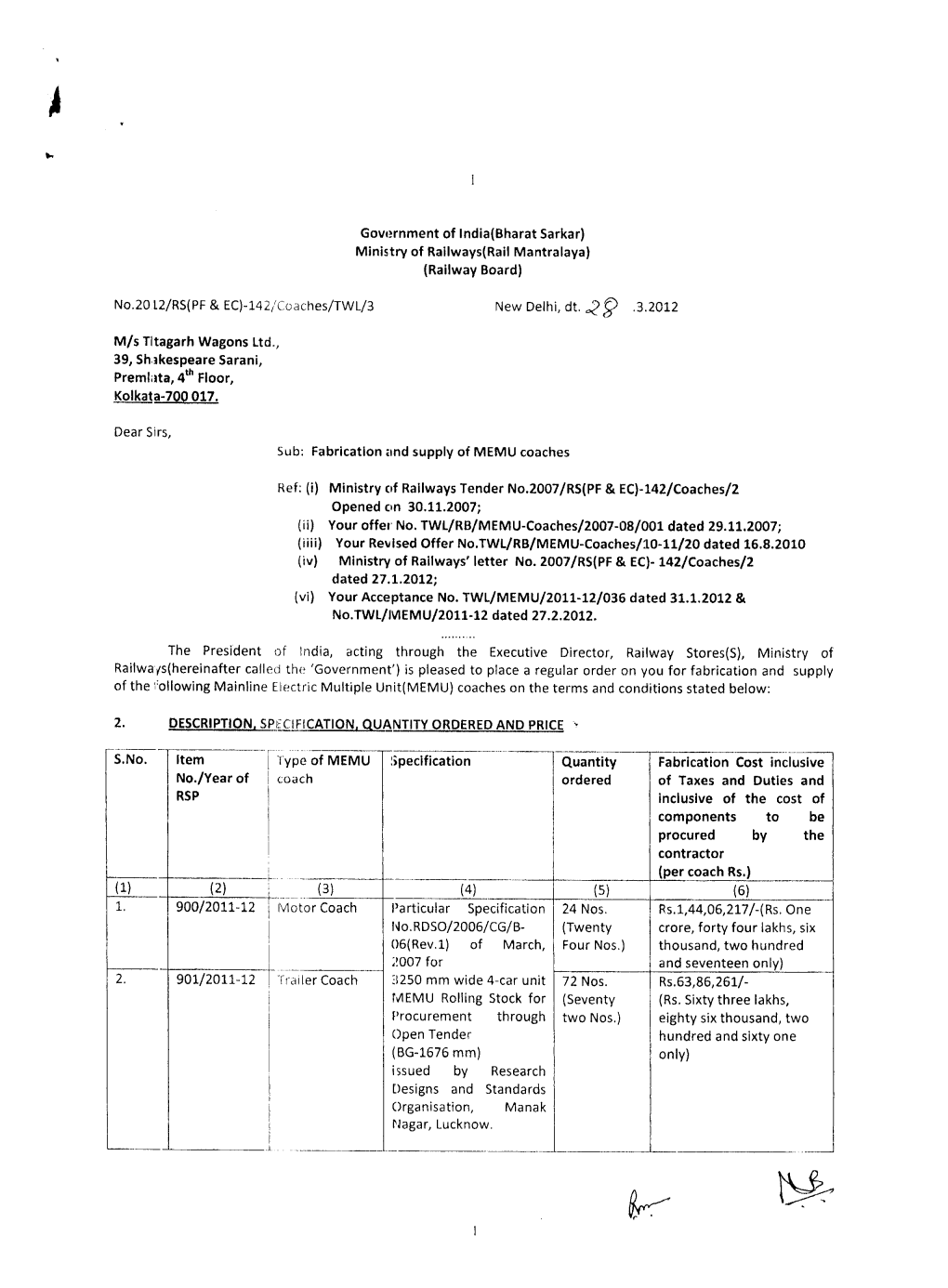 (Railway Board) No.20 L2/RS(PF & EC)-142/Coaches