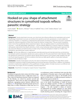 Shape of Attachment Structures in Cymothoid Isopods Reflects Parasitic Strategy Charles Baillie1* ,Rachell.Welicky2,3, Kerry A