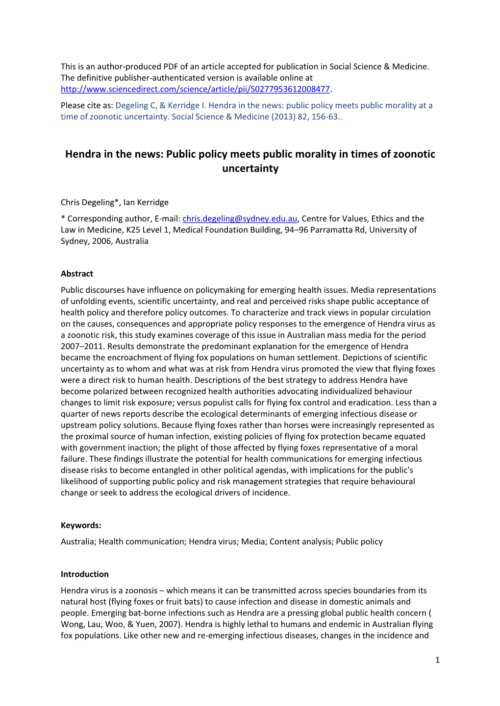 Hendra in the News: Public Policy Meets Public Morality at a Time of Zoonotic Uncertainty