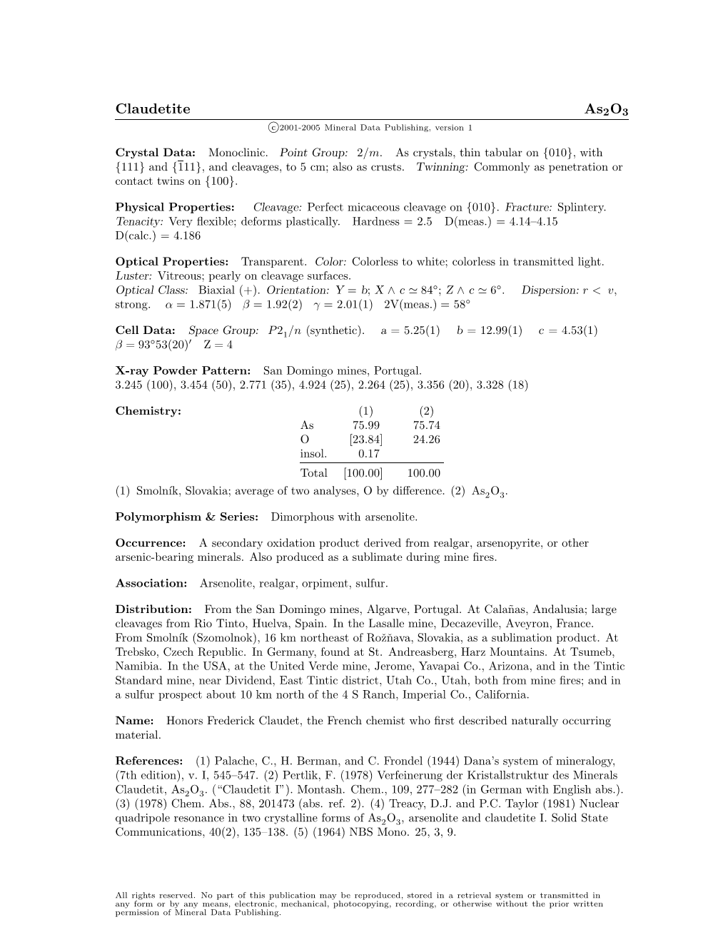 Claudetite As2o3 C 2001-2005 Mineral Data Publishing, Version 1