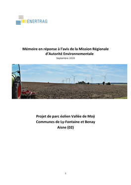Mémoire En Réponse À L'avis De La Mission Régionale D'autorité Environnementale Projet De Parc Éolien Vallée De