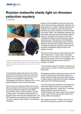 Russian Meteorite Sheds Light on Dinosaur Extinction Mystery 17 July 2014