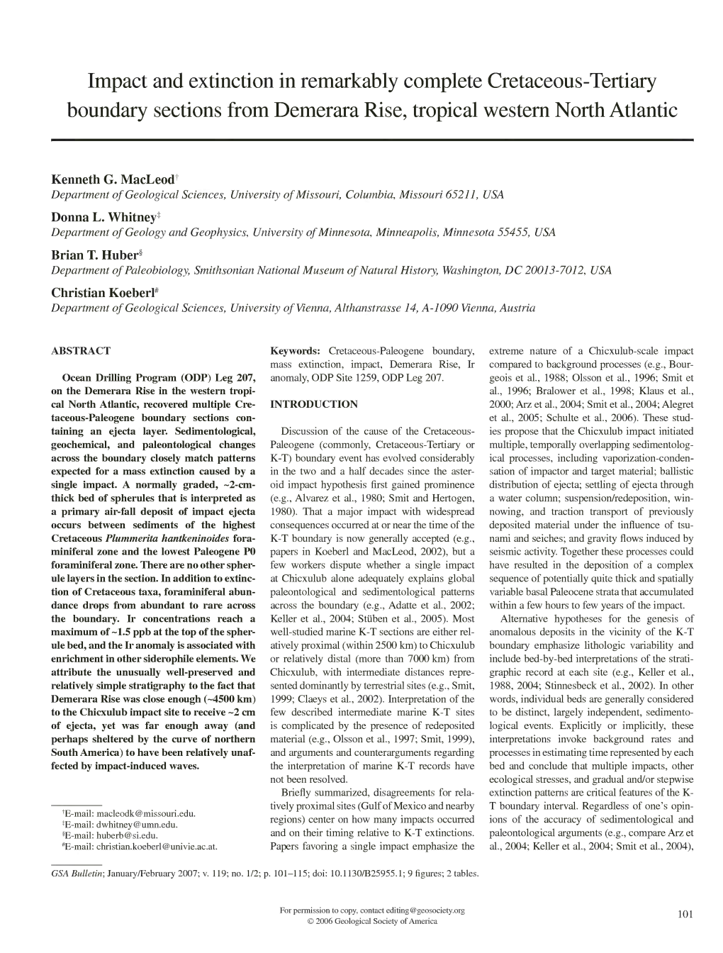 Impact and Extinction in Remarkably Complete Cretaceous-Tertiary Boundary Sections from Demerara Rise, Tropical Western North Atlantic