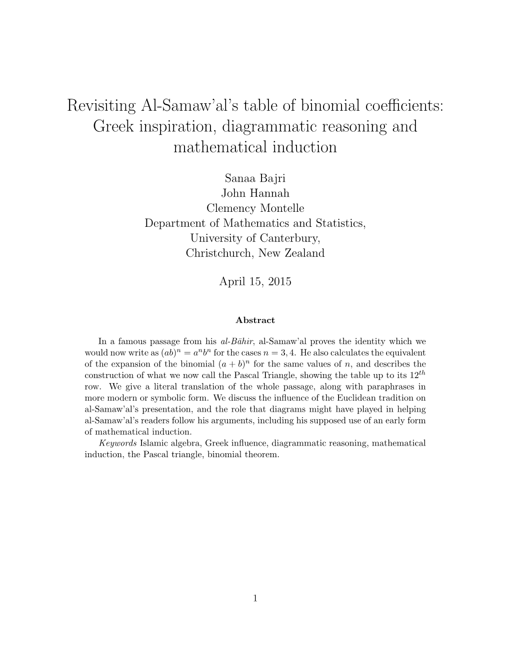 Revisiting Al-Samaw'al's Table of Binomial Coefficients