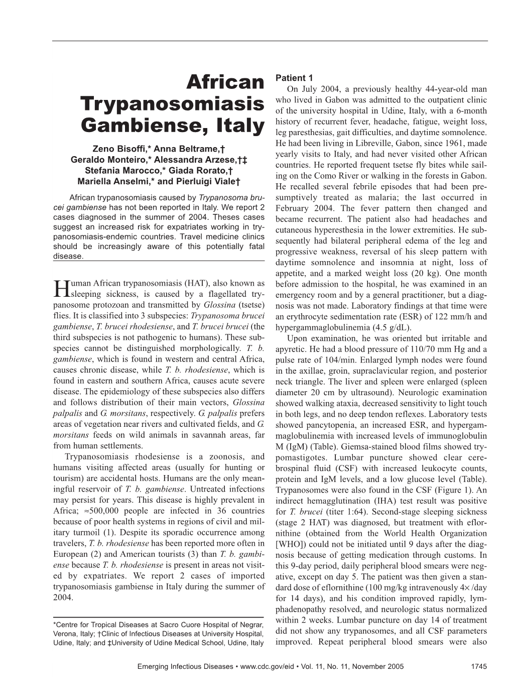 African Trypanosomiasis Gambiense, Italy